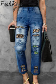 Loud And Proud Baseball Mom Leopard Ripped Denim Jeans