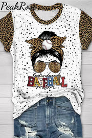 Loud And Proud Baseball Mom Leopard Round Neck Short Sleeve T-Shirt