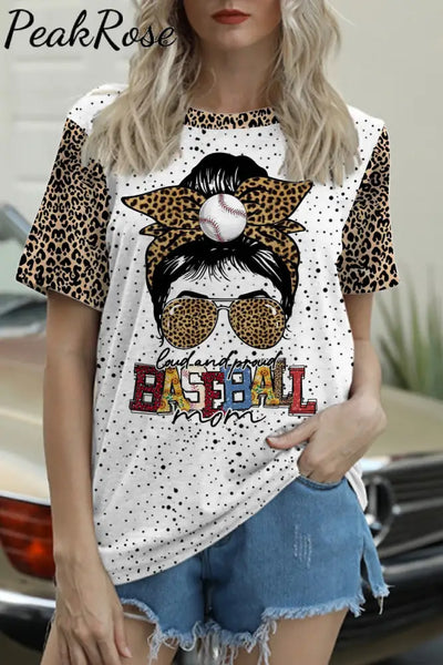 Loud And Proud Baseball Mom Leopard Round Neck Short Sleeve T-Shirt S / Polka