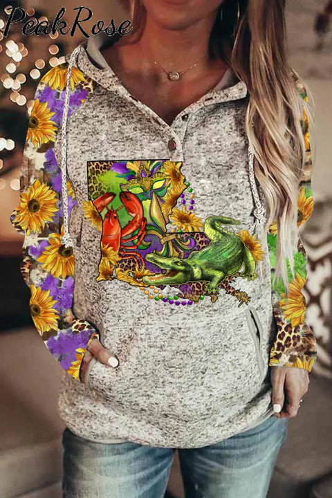 Louisiana Map With Mardi Gras Crocodile Crawfish Western Sunflower Leopard Print Hoodie Button