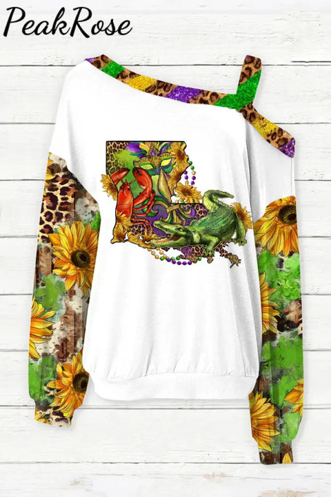 Louisiana Map With Mardi Gras Crocodile Crawfish Western Sunflower Leopard Print Off-Shoulder Blouse