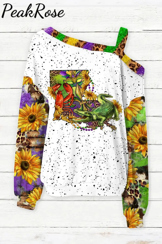 Louisiana Map With Mardi Gras Crocodile Crawfish Western Sunflower Leopard Print Off-Shoulder Blouse