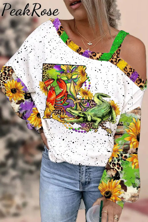 Louisiana Map With Mardi Gras Crocodile Crawfish Western Sunflower Leopard Print Off-Shoulder