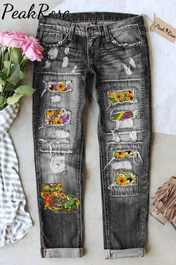 Louisiana Map With Mardi Gras Crocodile Crawfish Western Sunflower Leopard Print Ripped Denim Jeans