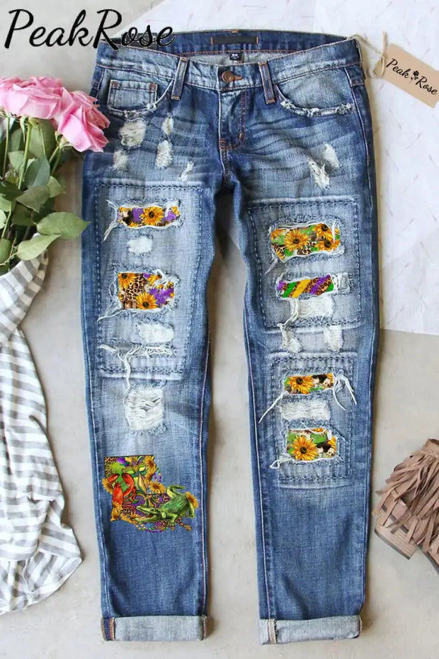 Louisiana Map With Mardi Gras Crocodile Crawfish Western Sunflower Leopard Print Ripped Denim Jeans