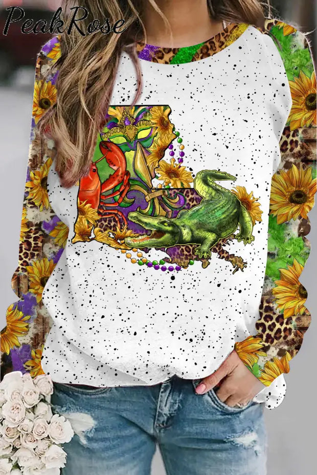 Louisiana Map With Mardi Gras Crocodile Crawfish Western Sunflower Leopard Print Sweatshirt Polka /