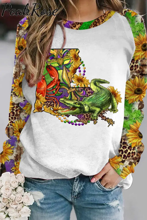 Louisiana Map With Mardi Gras Crocodile Crawfish Western Sunflower Leopard Print Sweatshirt White /