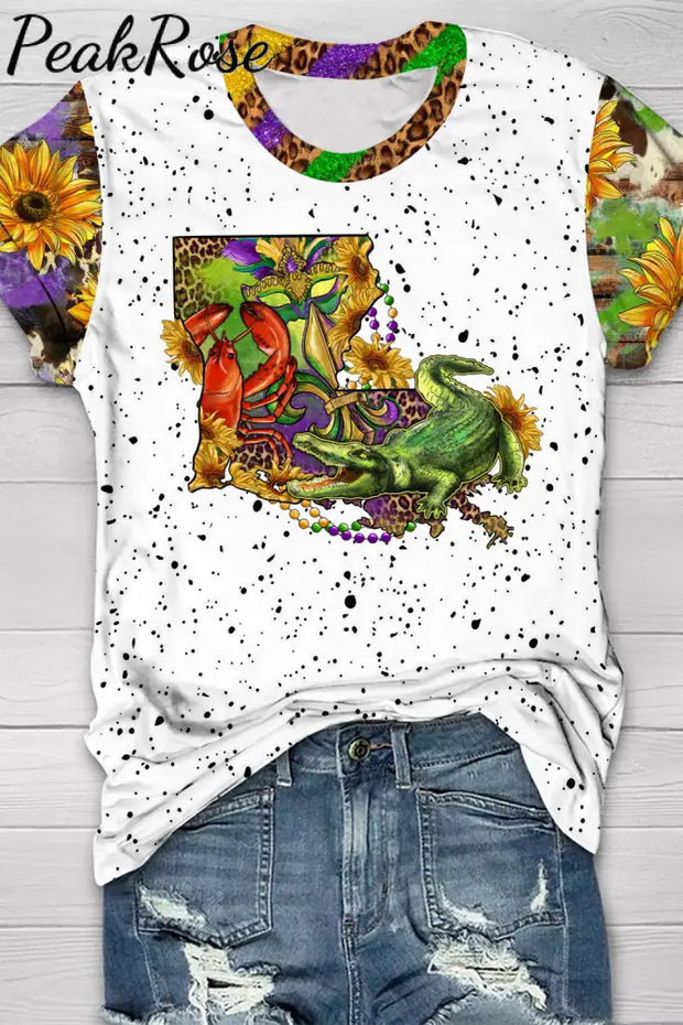 Louisiana Map With Mardi Gras Crocodile Crawfish Western Sunflower Leopard Print T-Shirt T-Shirt