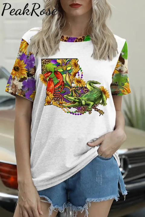 Louisiana Map With Mardi Gras Crocodile Crawfish Western Sunflower Leopard Print T-Shirt White / S