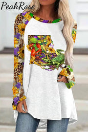 Louisiana Map With Mardi Gras Crocodile Crawfish Western Sunflower Leopard Print Tunic White / S