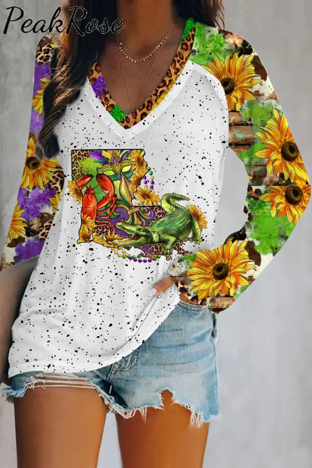 Louisiana Map With Mardi Gras Crocodile Crawfish Western Sunflower Leopard Print V-Neck Long Sleeve