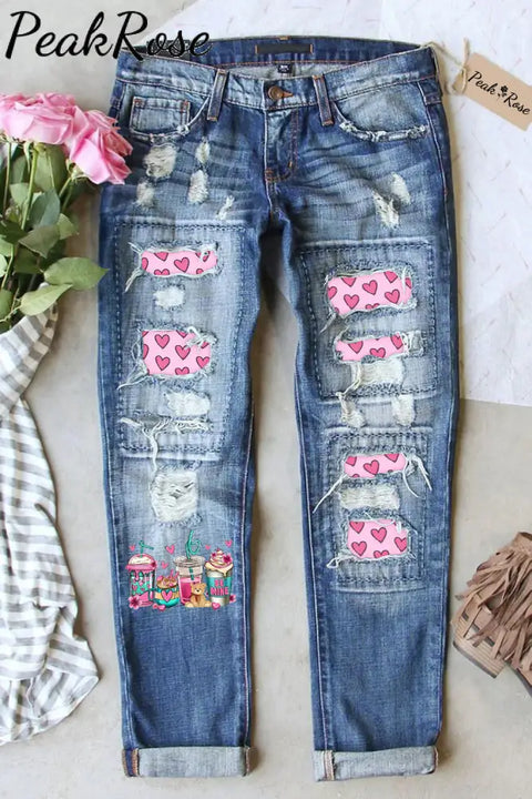 Love Coffee Cups Pink Heart Print Denim Jeans