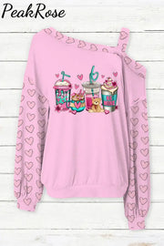 Love Coffee Cups Pink Heart Print Off-Shoulder Blouse