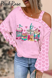 Love Coffee Cups Pink Heart Print Off-Shoulder Blouse S /