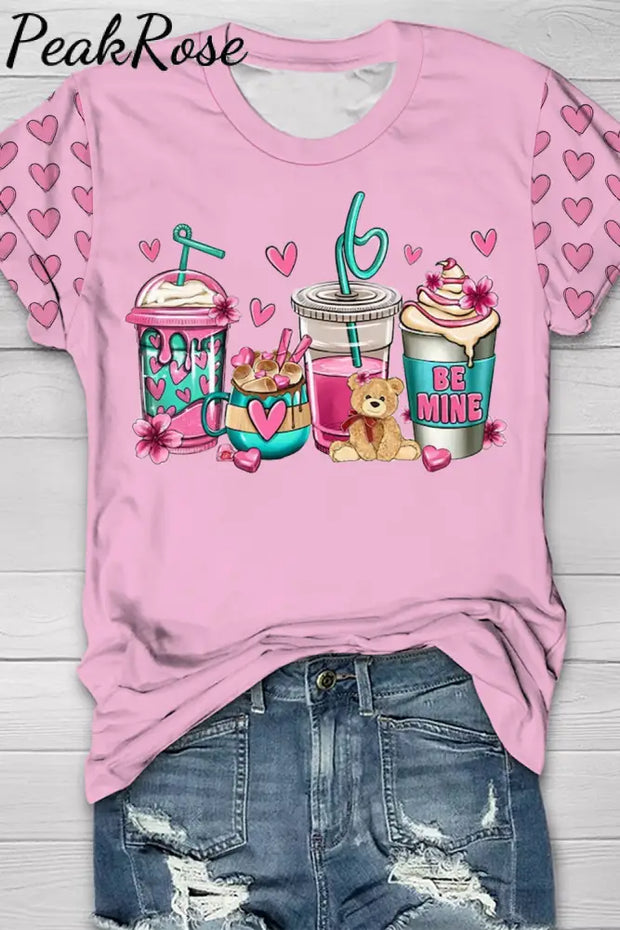 Love Coffee Cups Pink Heart Print T-Shirt T-Shirt