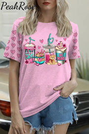 Love Coffee Cups Pink Heart Print T-Shirt / S T-Shirt