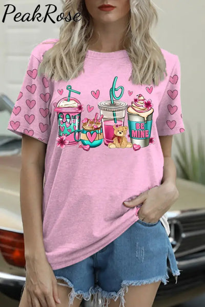 Love Coffee Cups Pink Heart Print T-Shirt / S T-Shirt