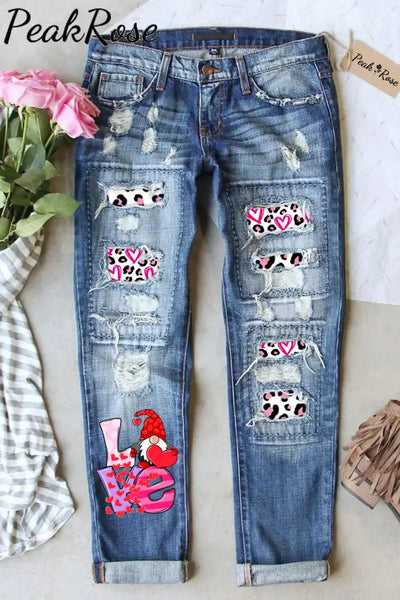 Love Cute Gnomies Leopard Pattern Denim Jeans S / Blue