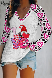 Love Cute Gnomies Leopard Pattern V-Neck Long Sleeve Tee