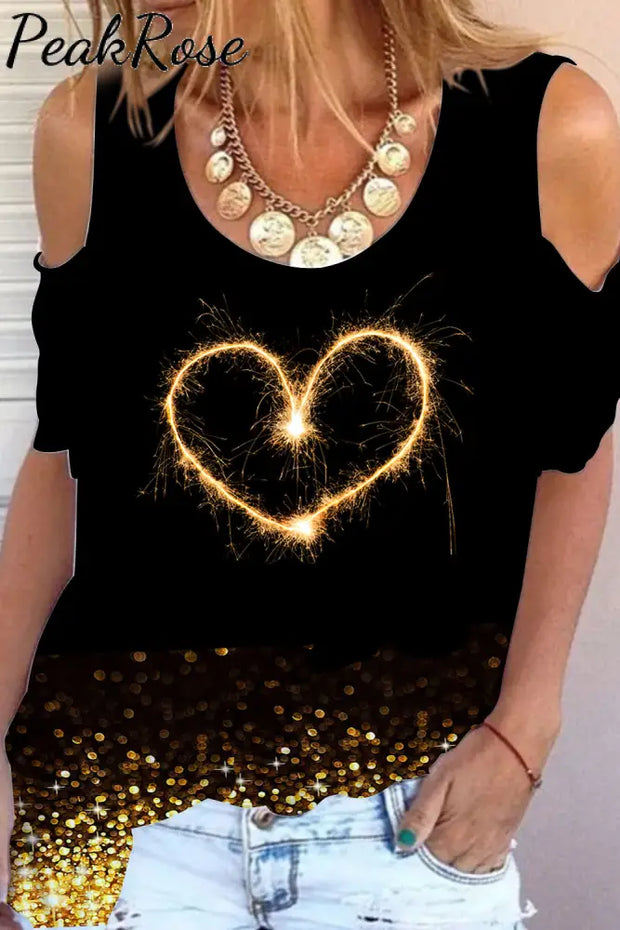 Love Fireworks Glitter Cold Shoulder T-Shirt T-Shirt