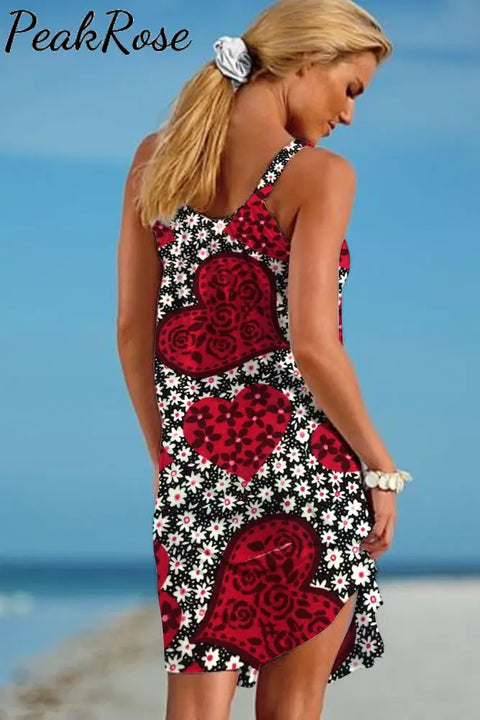 Love Flowers Roses Heart-Shaped Print Sleeveless Dress