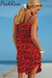 Love Full Print Red Beach Sleeveless Dress