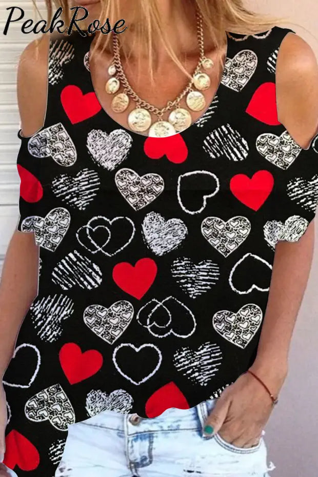 Love Heart Black Cold Shoulder T-Shirt S /