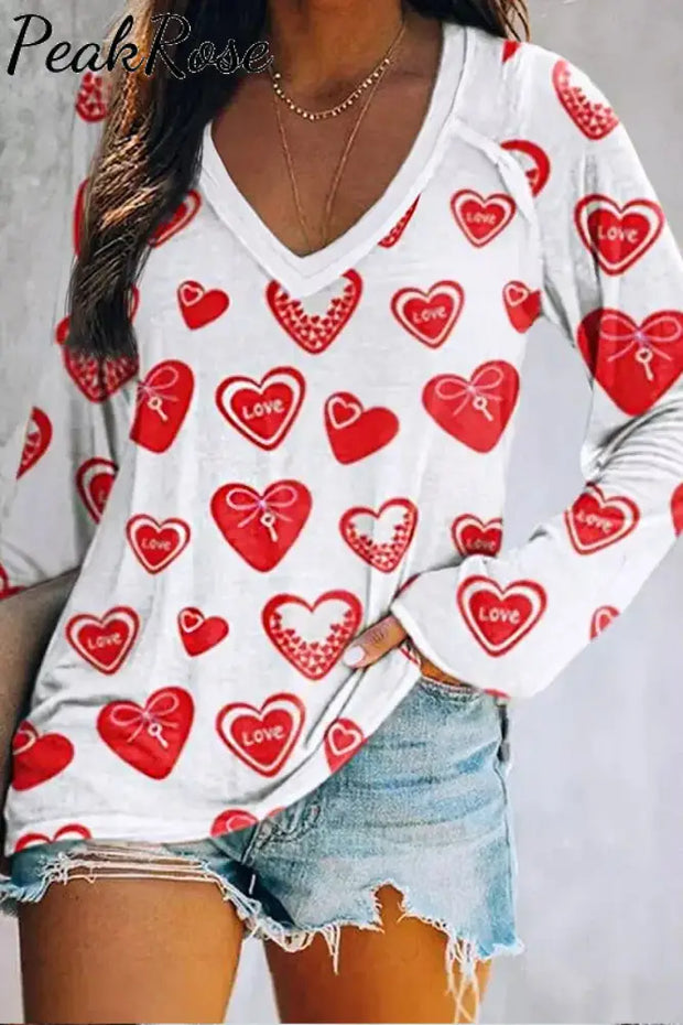 Love Heart Casual V-Neck Long Sleeve Tee