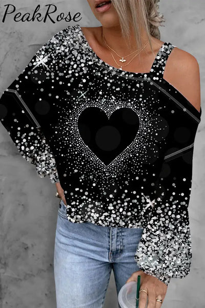 Love Heart Cold Shoulder Asymmetrical Neck Casual Blouse S / Black