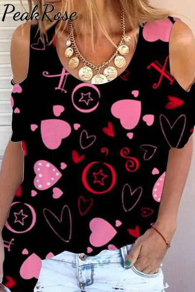 Love Heart Cold Shoulder T-Shirt S / Black