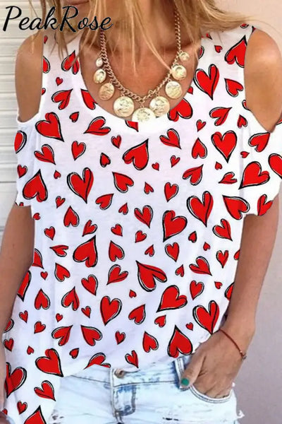 Love Heart Cold Shoulder T-Shirt S / White T-Shirt