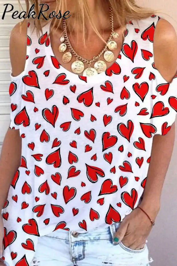 Love Heart Cold Shoulder T-Shirt S / White T-Shirt