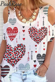 Love Heart Pattern Cold Shoulder T-Shirt