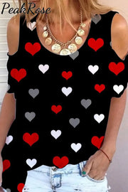 Love Heart Pattern Cold Shoulder T-Shirt S / Black