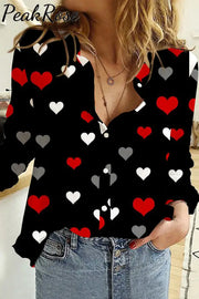 Love Heart Pattern Long Sleeve Shirt S / Black Women