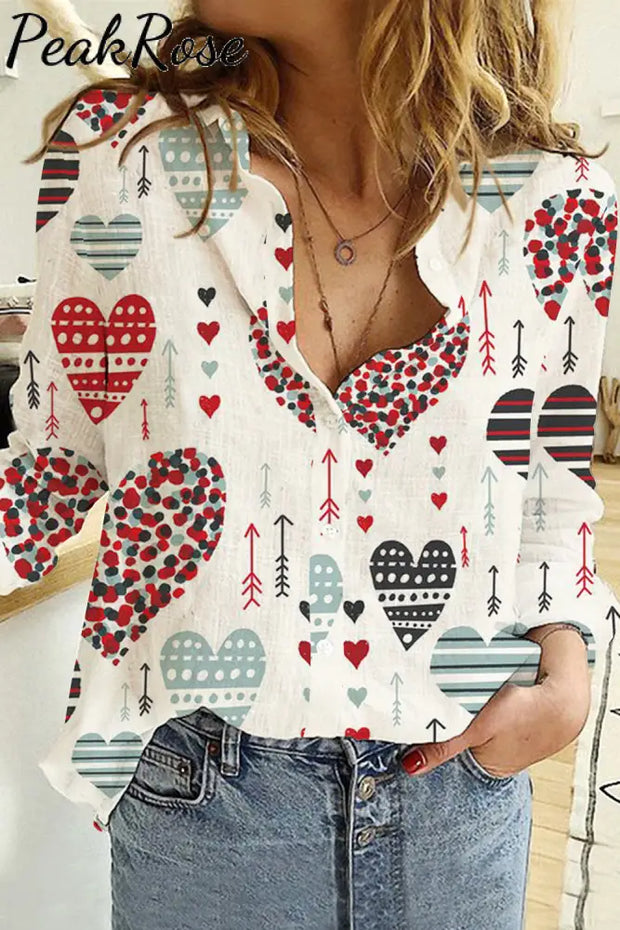 Love Heart Pattern Long Sleeve Shirt S / White Women