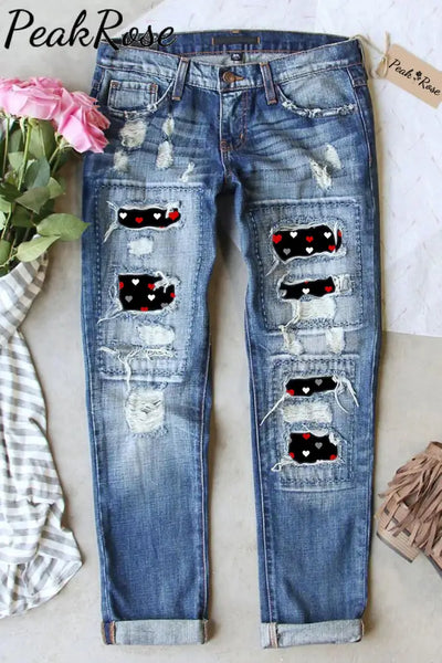 Love Heart Pattern Ripped Denim Jeans