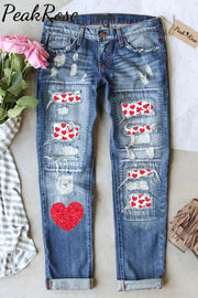 Love Heart Print Ripped Denim Jeans