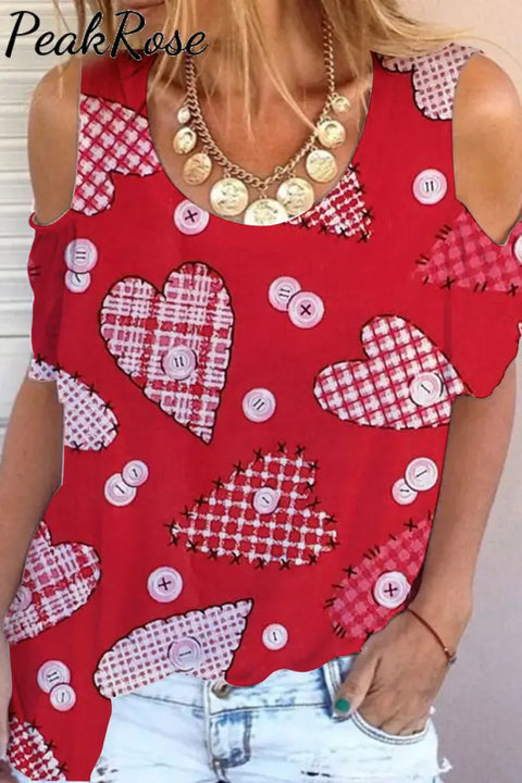 Love Heart Red Cold Shoulder T-Shirt S /