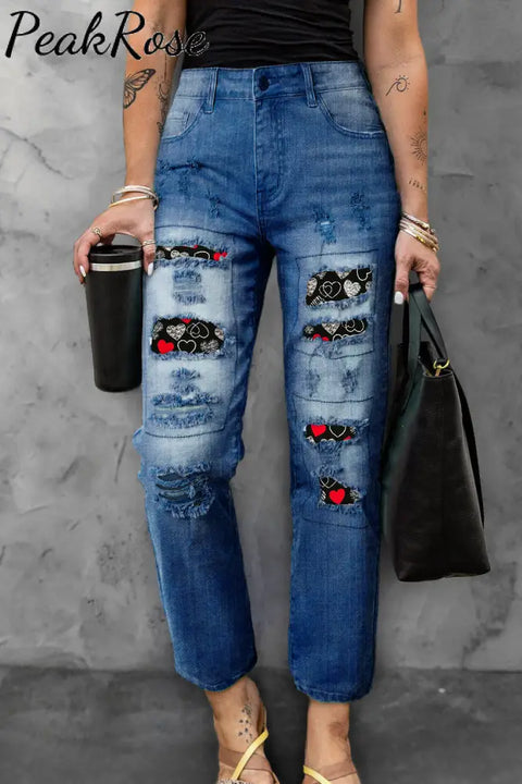 Love Heart Ripped Denim Jeans