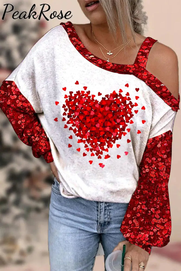 Love Heart Sequins Print Blouse S / Red