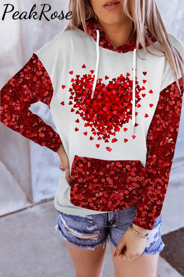 Love Heart Sequins Print Hoodie S / Photo Color