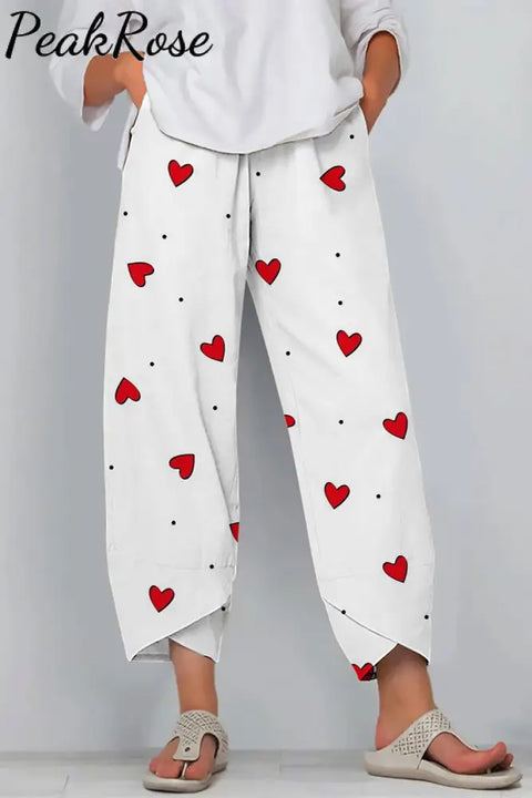 Love Heart-Shaped Polka Print Casual Pants S / White Casual Pant