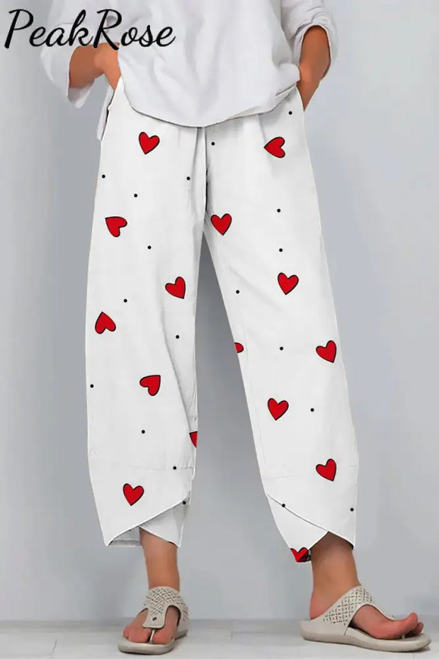 Love Heart-Shaped Polka Print Casual Pants S / White Casual Pant