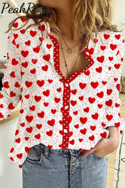 Love Heart-Shaped Polka Print Long Sleeve Shirt S / Women