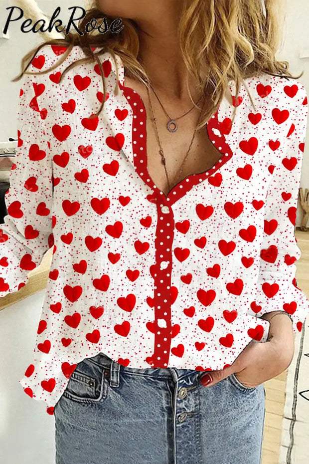 Love Heart-Shaped Polka Print Long Sleeve Shirt S / Women