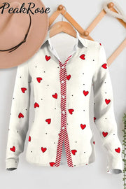 Love Heart-Shaped Polka Print Long Sleeve Shirt Women