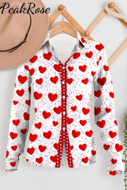 Love Heart-Shaped Polka Print Long Sleeve Shirt Women