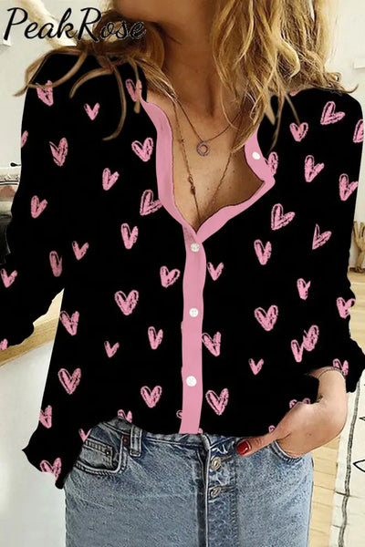 Love Heart-Shaped Print Long Sleeve Shirt S / Black Women