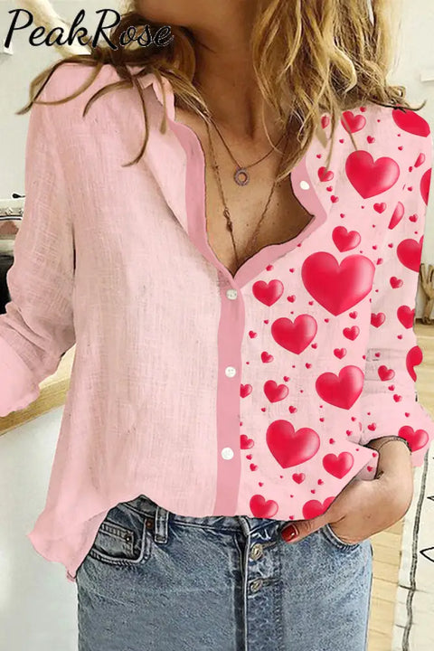 Love Heart-Shaped Print Long Sleeve Shirt S / Pink Women